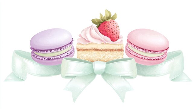 imagine a hairribbon, with a strawberry shortcake slice in the middle, surrounded by 3 macaroons in pastel colors, it is a transparent png file