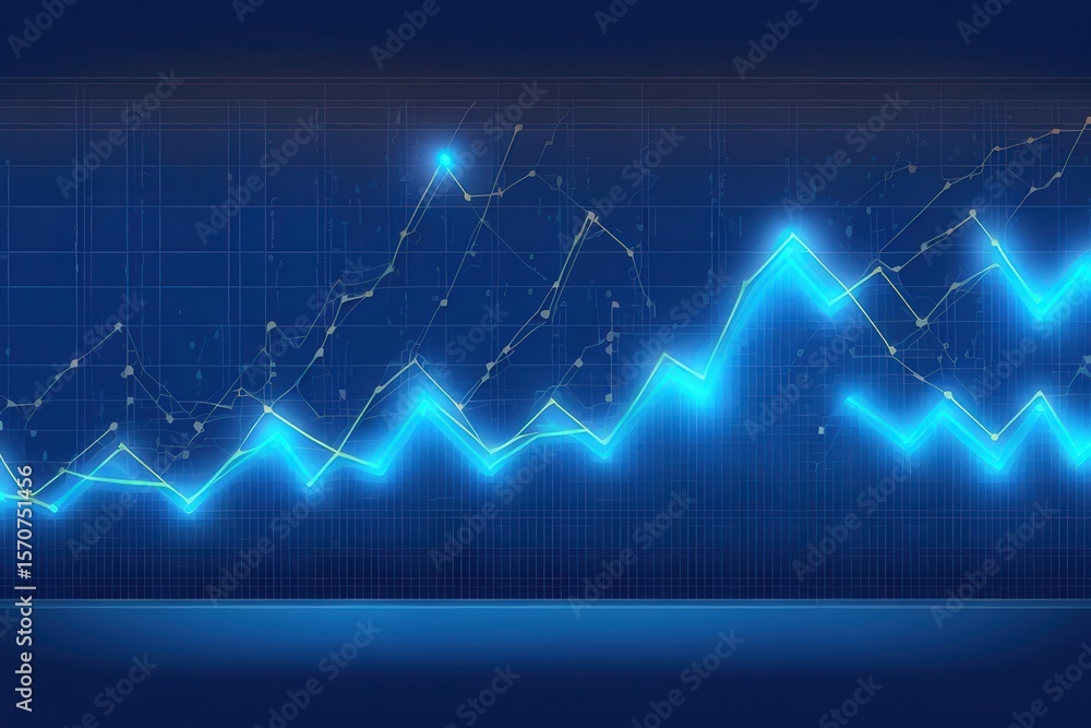 Poster a bluetoned graph illustration featuring illuminated rising data lines on a grid