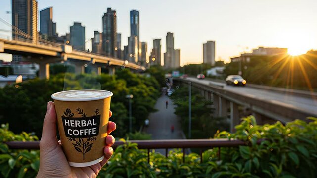 Hand holding a steaming cup of herbal coffee with an urban city skyline and bright sunset in background, footage.