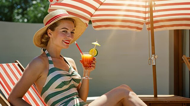Woman relaxing in striped swimsuit on sun lounger with cocktail next to pool umbrella, summer lifestyle concept footage.