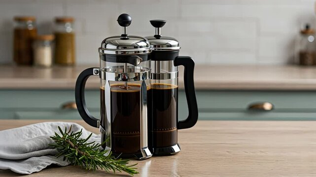 French press pot with fresh coffee and rosemary on a wooden table in a home kitchen setting, footage.