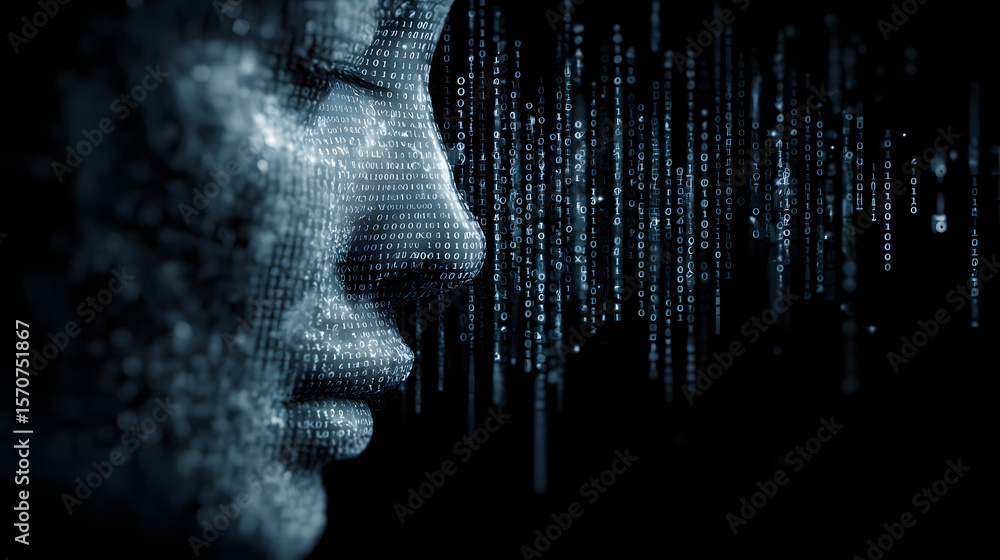 Poster futuristic concept of digital human face with binary code elements