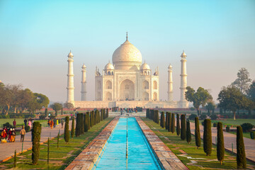 Majestic View of the Taj Mahal at Sunrise in Agra, India.