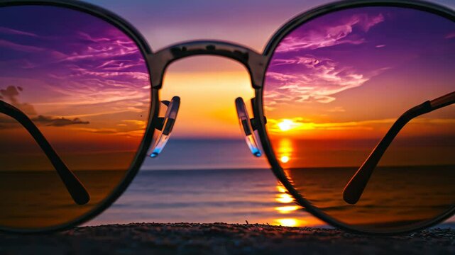 Pair of round sunglasses reflecting a colorful sunset with the ocean. Holiday vacation and travel concept. Summer evening beach footage.