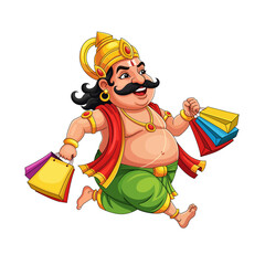 Happy King Mahabali Running with Shopping Bags. Kerala Onam Festival Mythological Character for Onam Shopping and Festival Offers