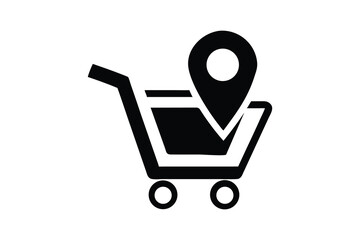 Modern minimalist shopping cart icon with location pin, signifying online store locator, e-commerce delivery tracking, precise geolocation for purchases, and seamless global shopping experience.