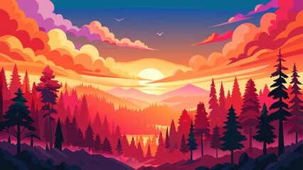 Brilliant hues of orange, pink, and red paint the sky above a dense forest of towering trees. The vibrant sunset casts a warm glow over the treetops, creating a magical and tranquil woodland scene.