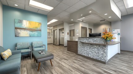 Modern minimalist doctor's office interior with clean white design, featuring reception desk, digital screen, and organized workspace for healthcare, clinic, or medical consultation environment.

