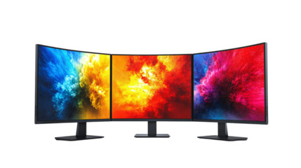 • A collection of vibrant digital wallpapers on a curved screen, isolated on white background in HD 