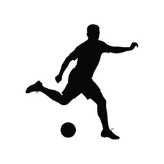 A bold, black silhouette of a soccer player in mid-action, kicking the ball.