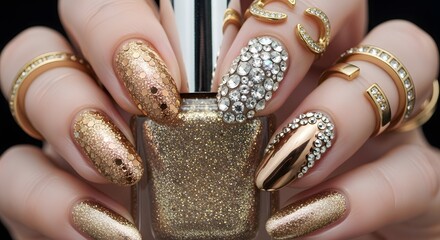 Close-up of a hand with golden and jeweled nail art, adorned with gold rings, holding a bottle of matching nail polish.