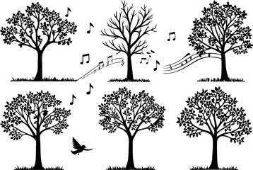 Black silhouette trees with musical notes and a flying bird on white background