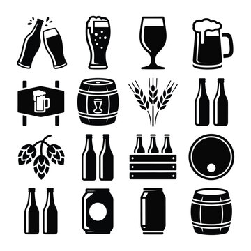 Sixteen Black and White Beer Related Icons Collection Including Beer Bottles Cans Barrels Glasses Hops Wheat and More