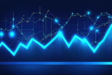 Fototapeta premium A digital stock chart displays rising lines graphs and bright dots against a dark blue backdrop
