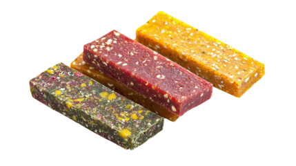 • A colorful array of energy bars made from natural ingredients, isolated on white background in HD 