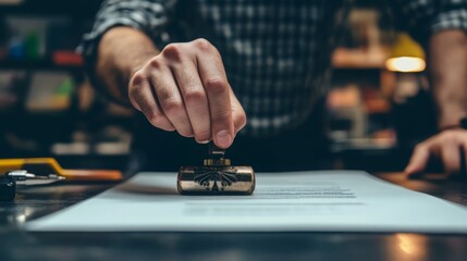 A person stamps a document on a desk, emphasizing official approval or certification in a professional setting.