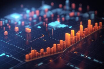 A grid overlaid with orange blocks forming a rising graph Light blue objects in the background