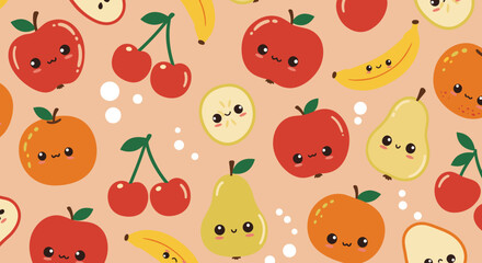 A cheerful, seamless pattern featuring kawaii-style fruits like apples, cherries, bananas, oranges, and pears on a peachy background.