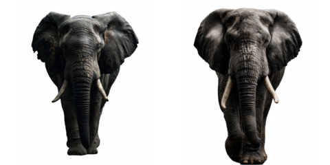 Two elephants standing side by side against a black background in a close up view