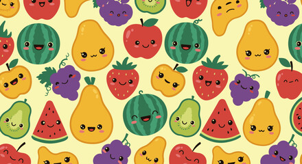 A cheerful seamless pattern featuring cute cartoon fruits like apples, pears, strawberries, watermelon, and grapes, perfect for kids' products or fun summer designs.