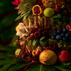 Fototapeta premium Close-up of A lush tropical rainforest ecosystem on a vibrant fruit cake