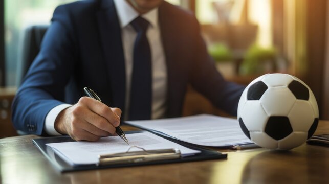 A person in a suit signs a document with a soccer ball on the desk, symbolizing sports management or a football contract.