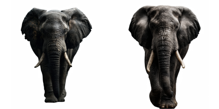 Two elephants standing side by side against a black background in a close up view