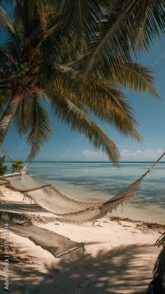 Poster a beach scene with a palm tree and a hammock. the hammock is hanging over the water and the palm tre