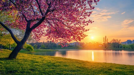 park with pink trees and water, background, sunset