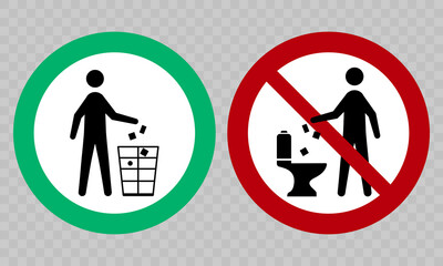 Good toilet etiquette signs. Proper and improper toilet waste disposal symbols set on checkered background