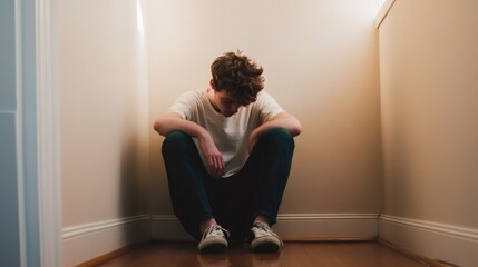 Sad teenager crouching in corner of a room suffering from stress, anxiety, depression and loneliness, feeling hopeless and devastated during a time of crisis and emotional vulnerability