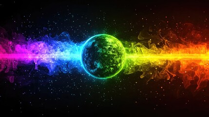 planet with rings and bright vivid rainbow colors