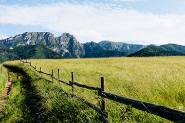 Through a green field, a quiet path follows the fence toward the distant Tatra Mountains near...