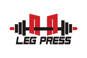 Modern gym logo featuring a stylized barbell and leg press text