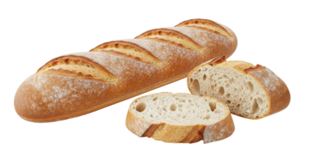 Crusty artisan bread loaf with slices isolated on a transparent background sliced