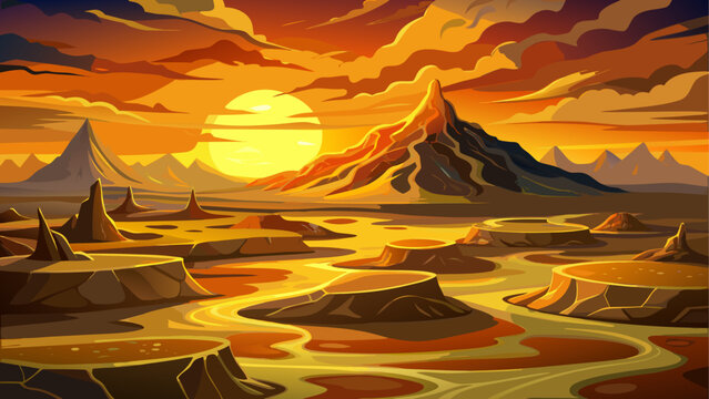 Sunset glow over the unique mud volcanoes of Gobustan, Azerbaijan. Dramatic landscape with bubbling mud formations and warm golden light casting long shadows across the terrain