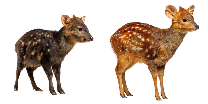 Two juvenile pudu deer standing side by side against a black background in close up shot