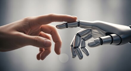 Human hand touching robotic hand with soft light