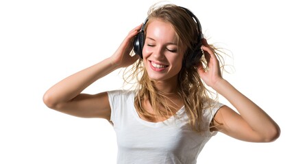 Woman with headphones on listening to music and smiling on white background.