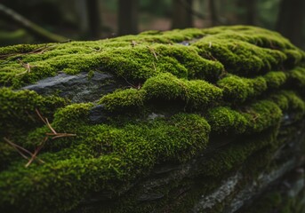 Lush green moss covering ancient forest rocks in tranquil woodland setting