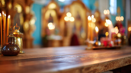 Wooden Table with Blurred Orthodox Holy Saturday Background with Candlelit Interior
