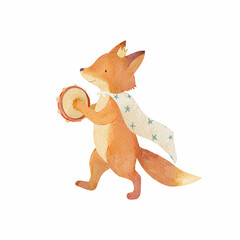 Charming watercolor fox in a cape and crown playing tambourine. Great for fairytale nursery art, kids wall prints, or whimsical illustrations.