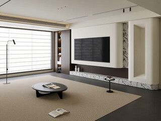 3D render of a contemporary minimalist living room featuring large TV wall, marble textures, and...