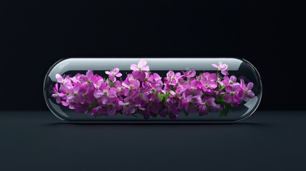 Realistic, studio-quality image of a transparent, glass capsule filled with small-flowered willowherb (pink flowers) black background The layout is minimal 