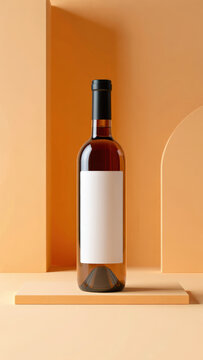 Elegant Simplicity A Wine Bottle with a Blank Label Set Against a Geometric Peach Background for Product Presentation and Branding in a Modern Style