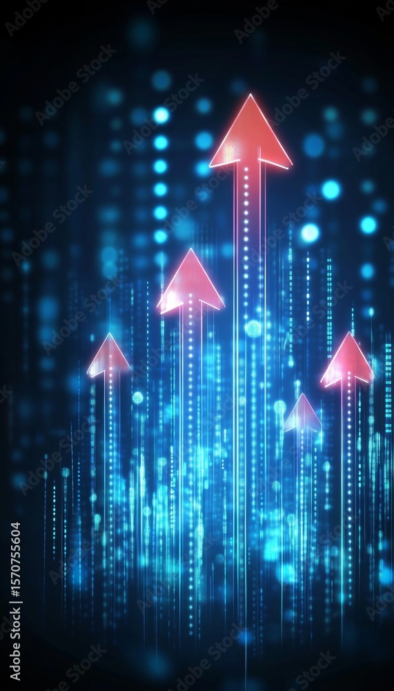 Poster digital data transformation with illuminated red pointers guiding the path to growth and innovation