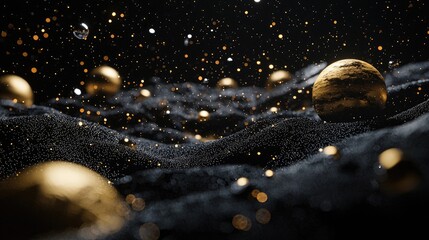 Saturn is in the vast universeï¼ŒBlack background, golden planets and rings, 3D rendering, scattered in the sky, high definition details, black space scene