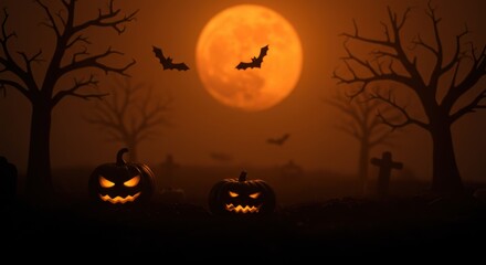 Halloween night scene with glowing pumpkins and full moon silhouette