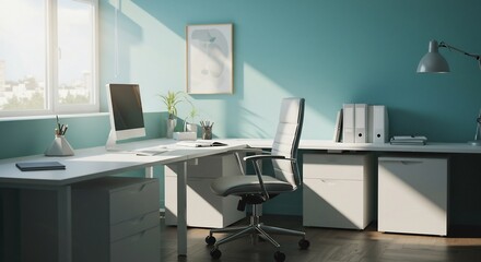 Workspace with Desk, Computer, and Office Chair in Modern Interior