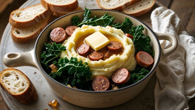 Dutch stamppot with mashed potatoes, sausage, and kale.